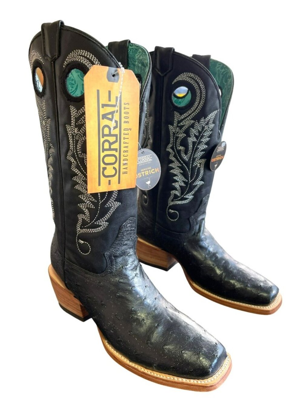 NEW Corral Black Genuine Ostrich Leather Cowboy Boots Embroidered Size 8 Womens